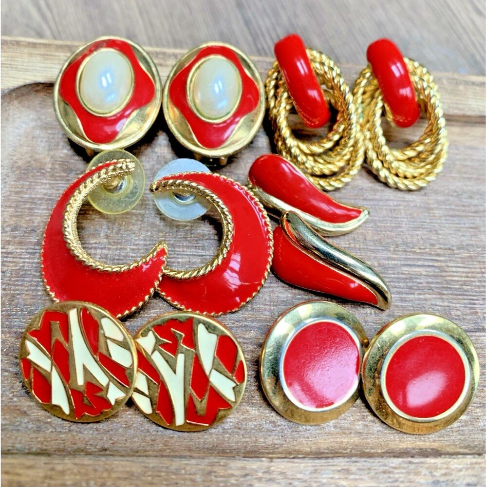 Vintage Red Enamel Earring Lot 6 Pairs Gold Tone Bold Statement Clip Post Mix